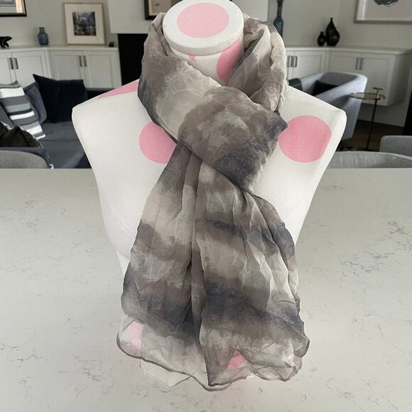 Club Monaco Moody Abstract Print 100% Silk Scarf/Wrap Grey Cream Tan Sz OS - Picture 1 of 8